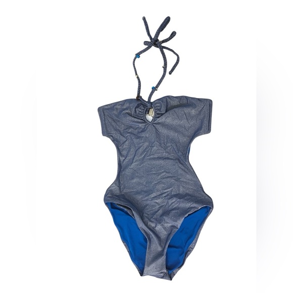 WOLFORD Disco High Shine Metallic Blue One Piece Swimsuit Womens XL NEW - Picture 6 of 9